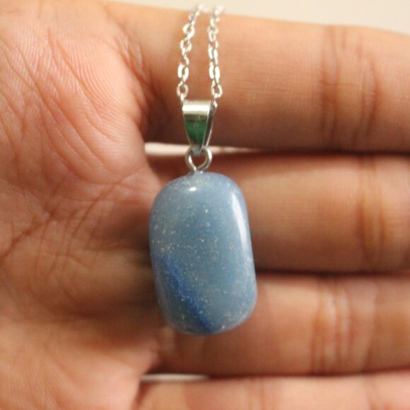 Blue Polished Stone Pendant Necklace on Silver Chain – Natural Gem Look - Picture 4 of 5